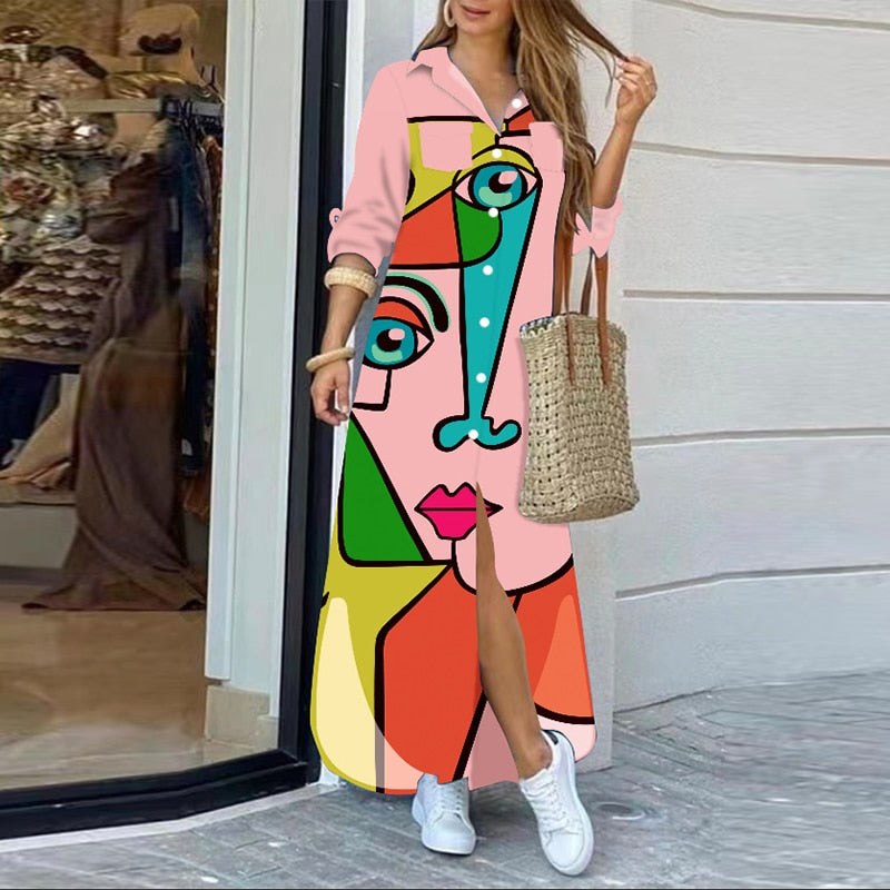 37 COLORS FASHION LONG SLEEVE BOHO PRINTED SHIRT DRESS