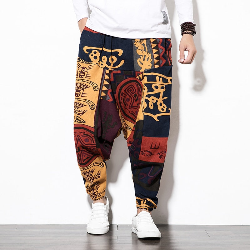 Baggy Cotton Men Harem Pants Wide Leg Casual Trousers