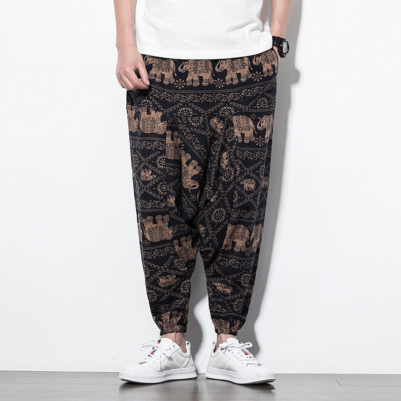 Baggy Cotton Men Harem Pants Wide Leg Casual Trousers