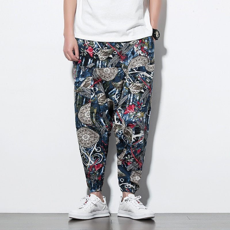 Baggy Cotton Men Harem Pants Wide Leg Casual Trousers