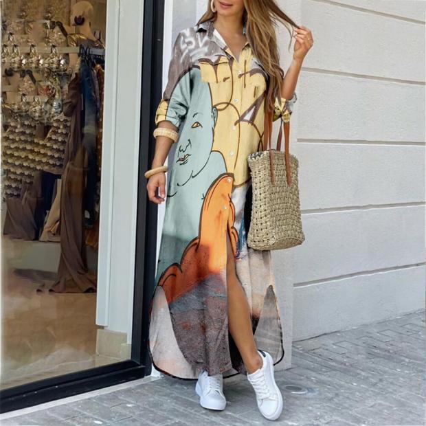 37 COLORS FASHION LONG SLEEVE BOHO PRINTED SHIRT DRESS