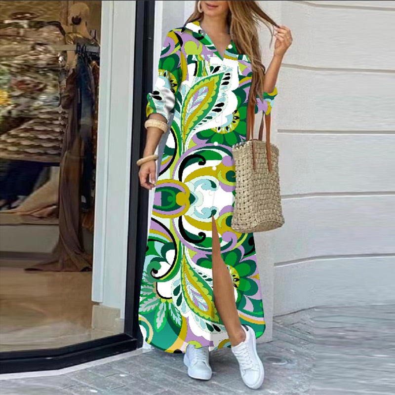 37 COLORS FASHION LONG SLEEVE BOHO PRINTED SHIRT DRESS