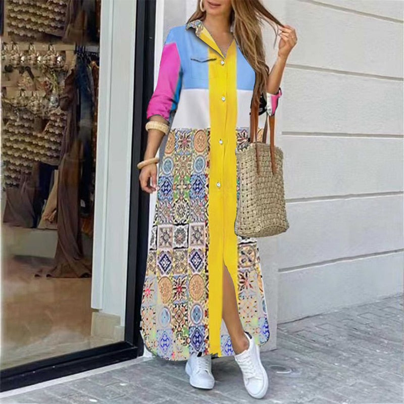 37 COLORS FASHION LONG SLEEVE BOHO PRINTED SHIRT DRESS