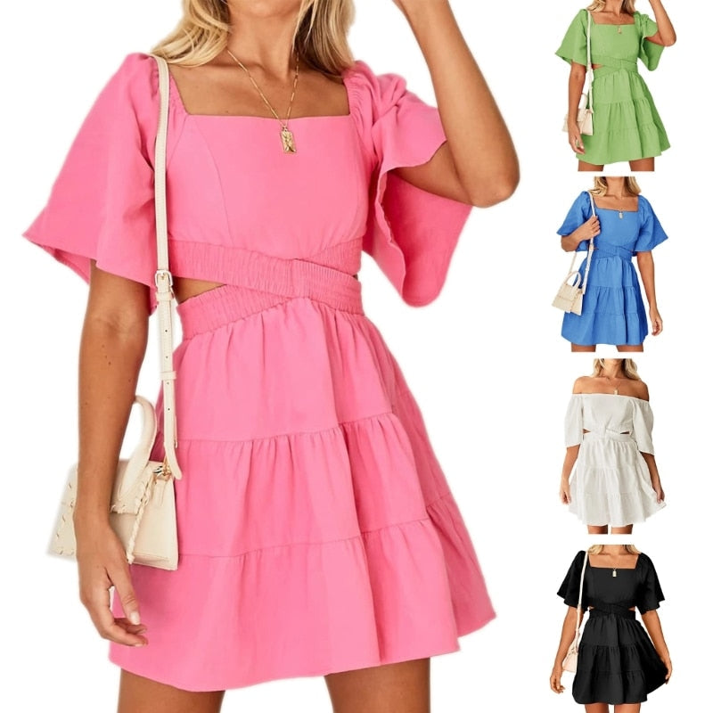 Barbie Dress Shy Velvet Women's Summer Dress Square Neck Short Sleeves Crossover Waist Casual Party Mini Dress