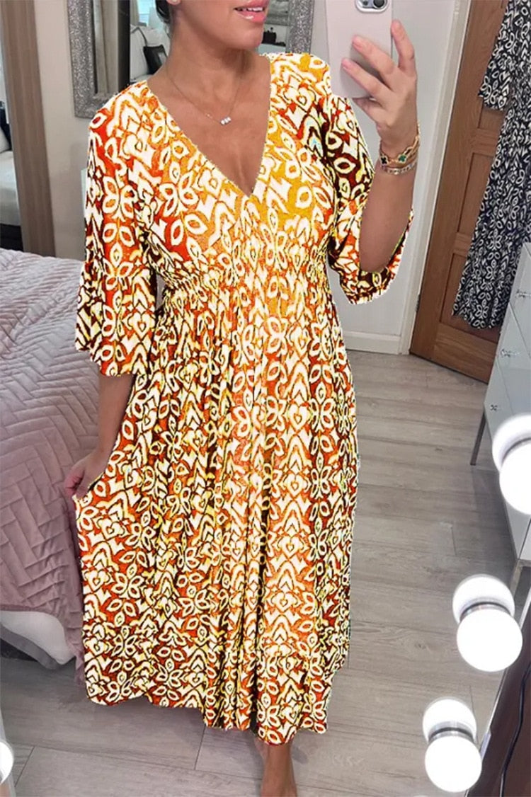 BOHEMIAN PRINT V-NECK WAIST WRAP MAXI DRESS