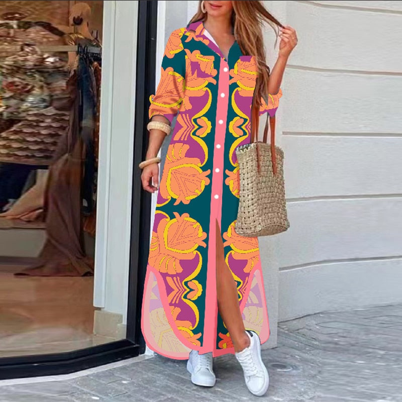 37 COLORS FASHION LONG SLEEVE BOHO PRINTED SHIRT DRESS