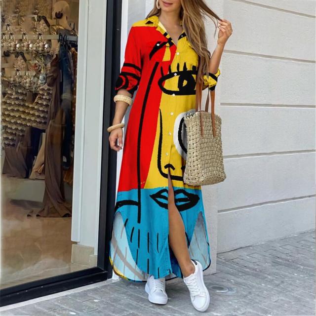 37 COLORS FASHION LONG SLEEVE BOHO PRINTED SHIRT DRESS