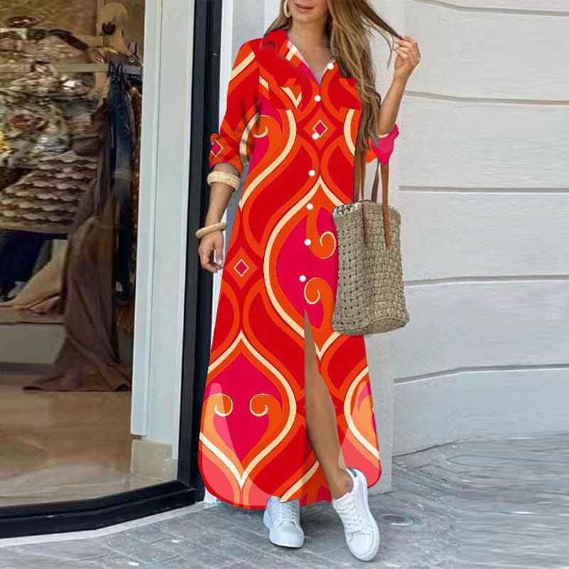 37 COLORS FASHION LONG SLEEVE BOHO PRINTED SHIRT DRESS