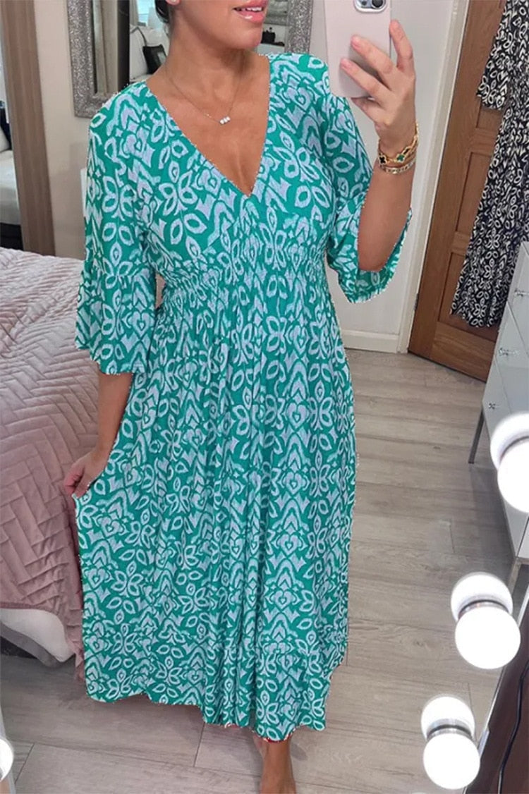 BOHEMIAN PRINT V-NECK WAIST WRAP MAXI DRESS