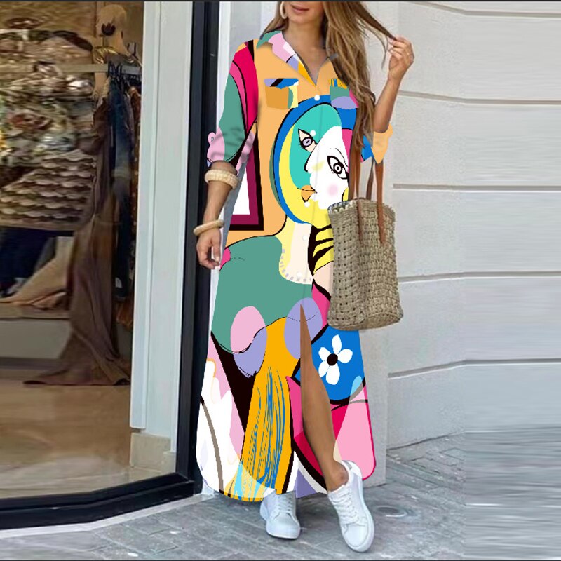 37 COLORS FASHION LONG SLEEVE BOHO PRINTED SHIRT DRESS